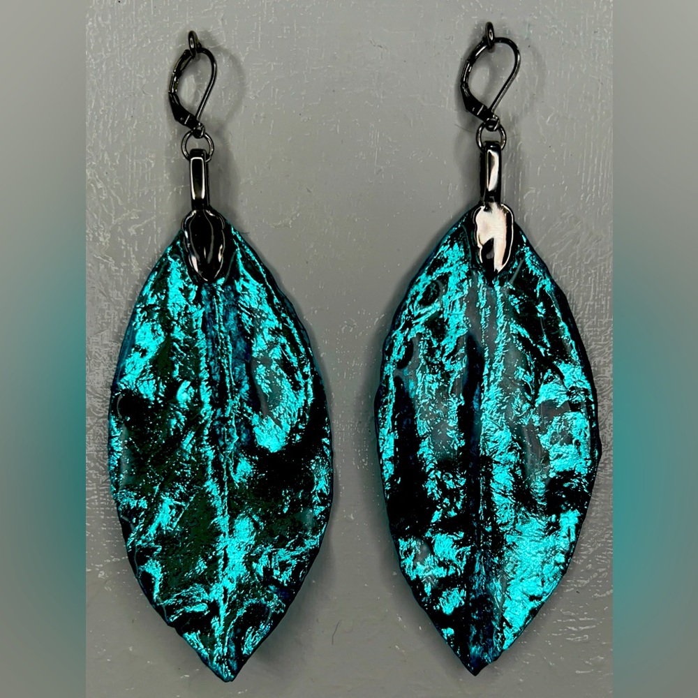 Real handmade magnolia leaf earrings Teal